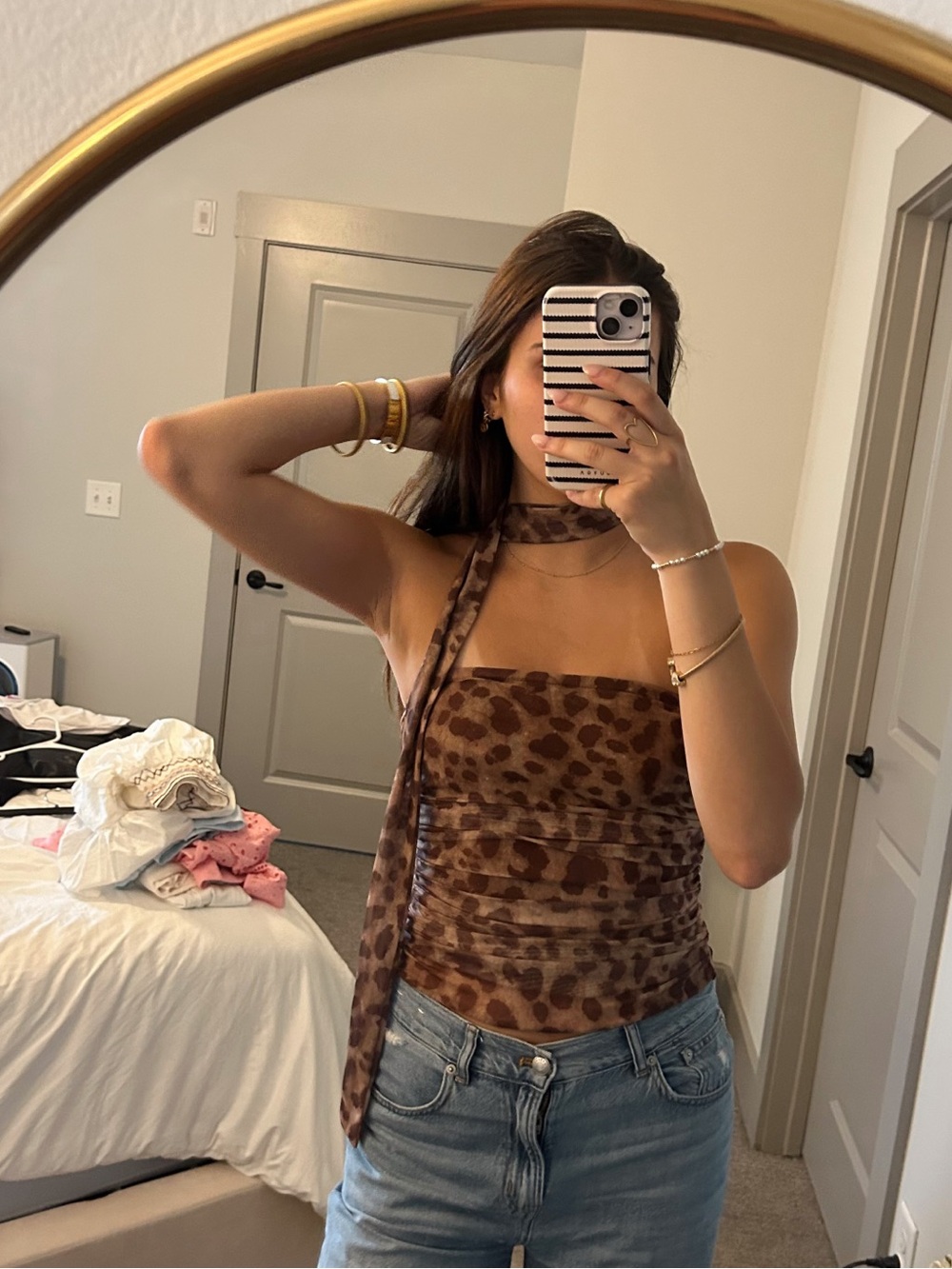 Romwe SHEIN Leopard Print Strapless Top with Scarf